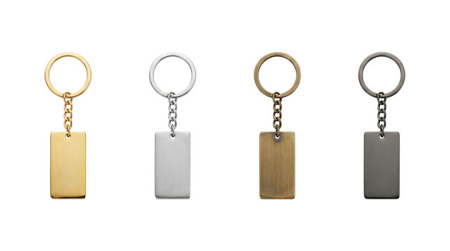Four blank metal keychains in gold silver and bronze on white background with keychain PNG on white background