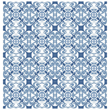 Padr&atilde;o ornamental azul claro com motivos florais sim&eacute;tricos inspirados em azulejos tradicionais. Textura cont&iacute;nua elegante para decora&ccedil;&atilde;o, revestimentos e estampas refinadas