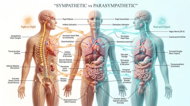 Detailed anatomical chart showing the physiological differences between the sympathetic and parasympathetic nervous systems within the human body for medical education