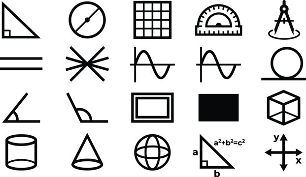 Geometry mathematical formulas and trigonometric education line icons set isolated on white background vector design