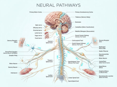 Detailed anatomical diagram illustrating human neural pathways with complex brain structures and spinal cord connections for medical and educational purposes