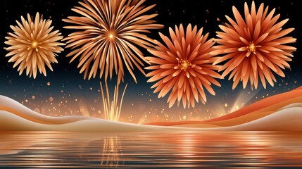 Fototapeta premium Luxurious golden New Year fireworks over reflective water with festive abstract floral bursts and glowing hills
