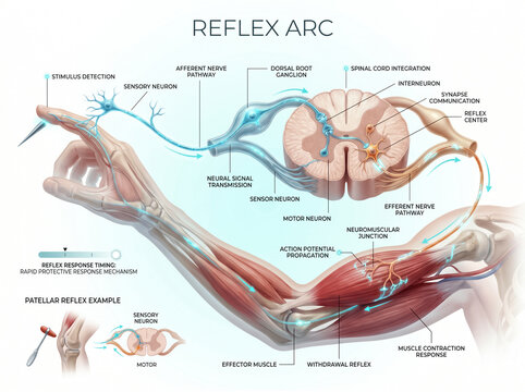 Detailed anatomical diagram illustrating the human reflex arc process with labeled sensory neurons and motor pathways on a white background