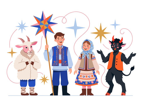 Slavic Kolyada Christmas Carolling Characters Vector Illustration