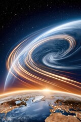 Fototapeta premium Satellites and light trails over Earth with cosmic vortex and sunrise atmosphere network