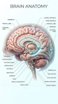 Detailed anatomical diagram of the human brain showing labeled lobes and internal structures in a clean professional medical illustration style