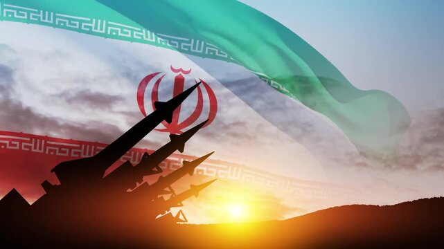 The missiles are aimed at the sky at sunset with Iran flag. Bomb, chemical weapons, missile defense, a system of salvo fire.