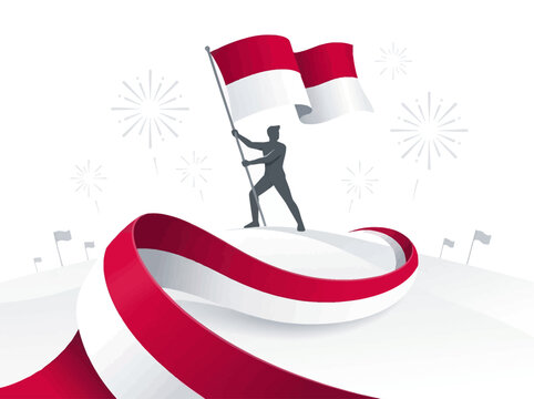 Indonesia Independence Day Illustration with Silhouette Holding Flag and Waving Ribbon