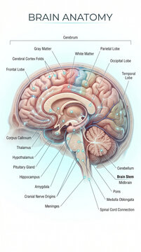Detailed anatomical diagram of the human brain showing labeled lobes and internal structures in a soft light educational medical illustration