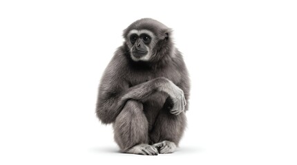 Fototapeta premium A contemplative gibbon sitting against a white background.