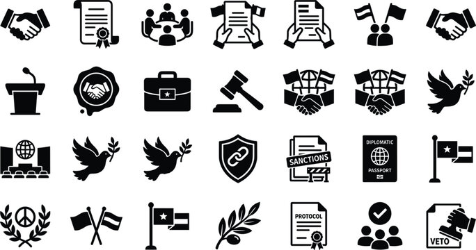 International Relations and Diplomacy Icon Set with Government Policy, Peace Treaty, Sanctions, Veto, and Global Alliance Symbols vector design