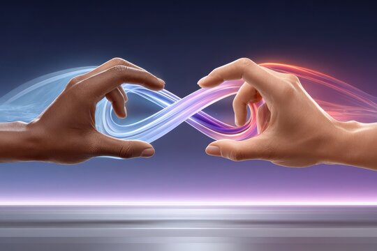 Two hands forming an infinity symbol of glowing blue and pink energy representing connection and unity