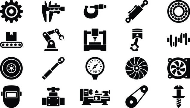 Mechanical Engineering and Industrial Manufacturing Icon Set with Automation Robotics, Precision Measurement, Engine Components, and Factory Machine Tools vector design
