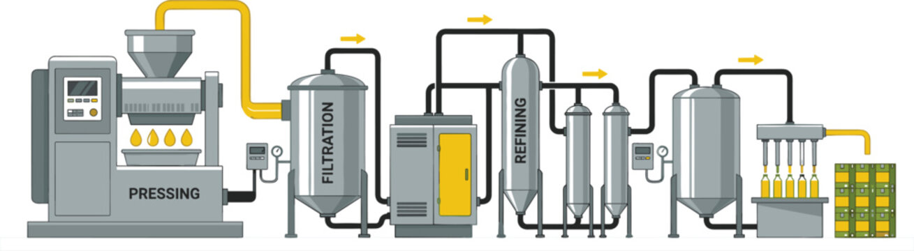 Vegetable oil production process infographic with pressing, filtration, refining, and bottling machine stages vector illustration