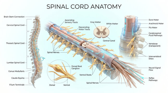 Detailed anatomical illustration showing the human spinal cord structure with labeled nerves and pathways for medical education and scientific research