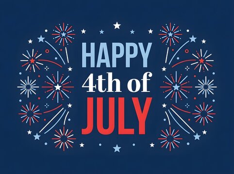 Graphic design featuring fireworks and text on a dark blue background style