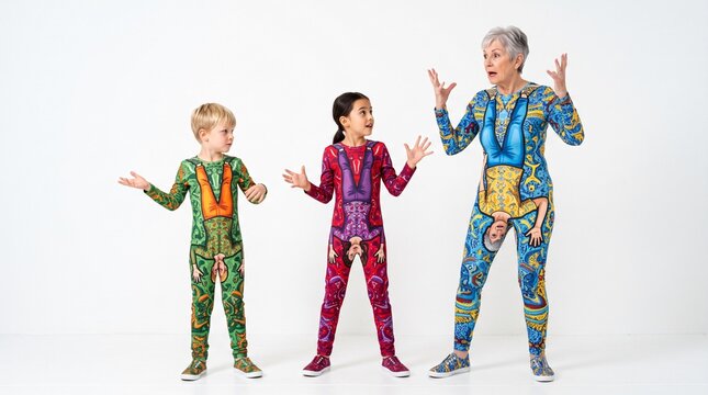 Grandmother and grandchildren in optical illusion suits doing pantomime theater