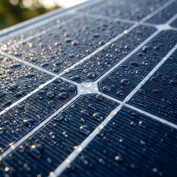 Close-up of raindrops on a photovoltaic solar panel surface with photovoltaic