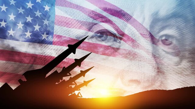 The missiles are aimed at the sky at sunset with USA flag and US dollar. Bomb, chemical weapons, missile defense, a system of salvo fire.