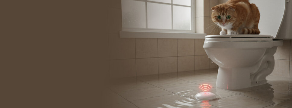 Smart leak detector floating in water on bathroom floor. Ginger cat sitting on toilet bowl observing triggered water damage sensor in home. Banner with copy space