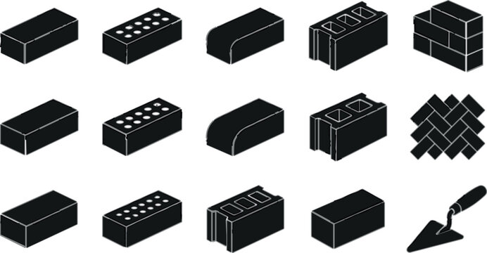 Isometric brick and masonry icon set with concrete cinder blocks and construction trowel vector