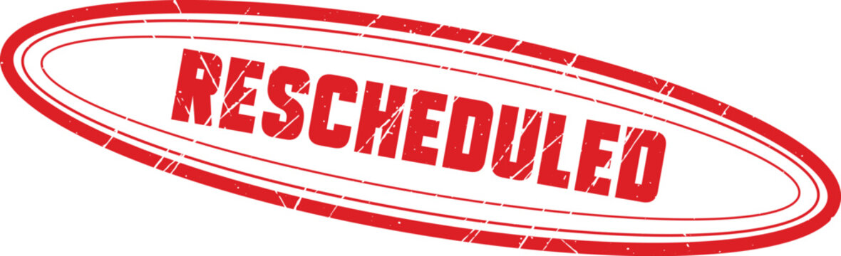 RESCHEDULED: An oval styled red rubber stamp design with a distressed look marking a document as RESCHEDULED.