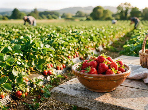 Freshly picked strawberries in a rustic bowl on a field with workers harvesting
