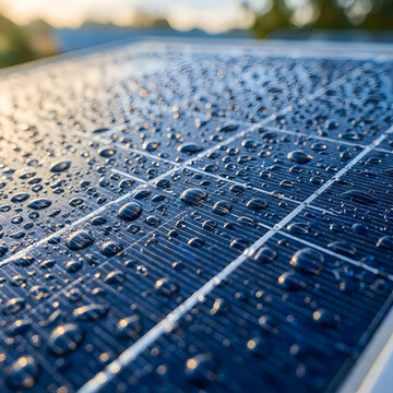 Macro view of water droplets on a solar panel surface after light rain