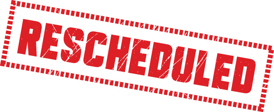 RESCHEDULED: A red rectangle stamp with a dashed border frame containing the word rescheduled for document office.
