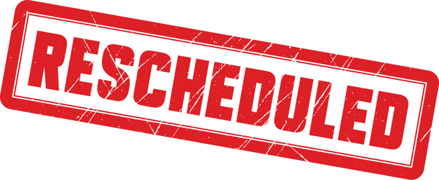 RESCHEDULED: A textured red rubber stamp design with the word rescheduled for clear office document status notification.