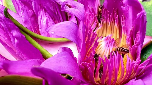 Extreme macro close-up of honeybees swarming and collecting pollen inside a vibrant pink lotus flower center. Active wildlife insect pollination in nature.