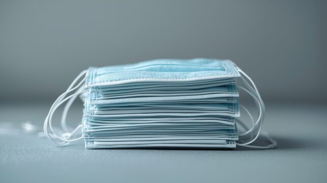 Stack of blue surgical face masks with white straps arranged neatly on a gray surface for health protection