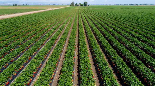 Aerial view of long rows of strawberry plants in a farm with strawberry