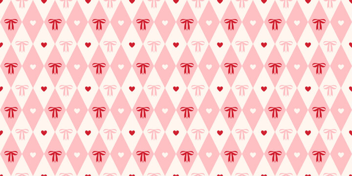 Cute pink coquette seamless pattern with red bows and hearts. Girly wrapping paper for birthday, Valentine and holidays. Diamond shaped print for textile. Repeat wallpaper texture. Vector illustration