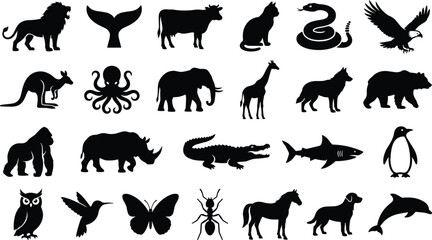 Wild and Domestic Animal Silhouette Icon Set Featuring Mammals Birds Marine Life and Insects for Educational Materials Wildlife Conservation and Nature Graphic Designs © salsabil