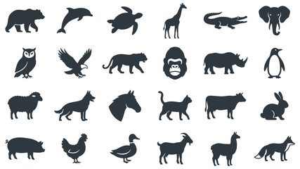Wild and Domestic Animal Silhouette Icons Vector Set Featuring Mammals Birds Reptiles and Marine Life for Educational Logos Graphic and Web Designs © salsabil