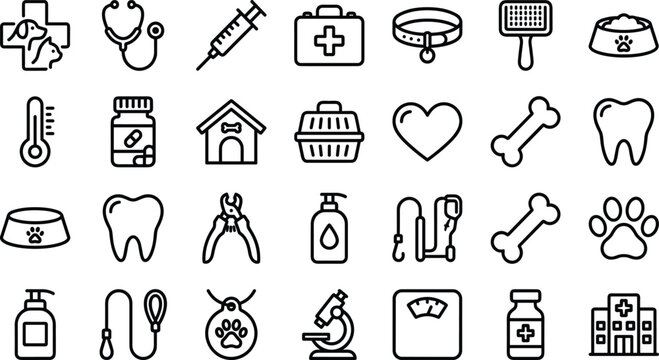 Veterinary and Pet Care Line Icon Set Featuring Medical Equipment Clinic Buildings Grooming Tools and Animal Supply Symbols for Web and Mobile App Interfaces