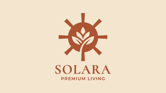 A logo of Solara Premium Living features a stylized leaf within a sunburst on a beige background.