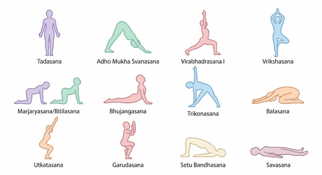 Yoga poses illustrated in various colorful styles and names