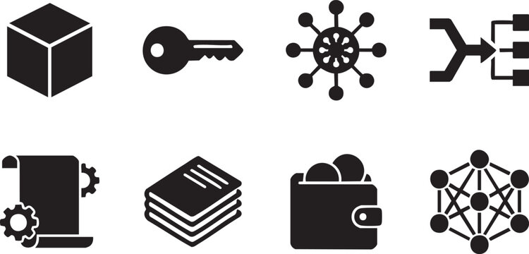 Blockchain Technology Cryptographic Security and Digital Cryptocurrency Wallet Solid Black Silhouette Icon Set