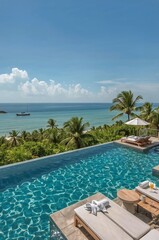 Fototapeta premium Luxury Villa Features an Infinity Pool Overlooking the Ocean and Palm Trees on a Sunny Day