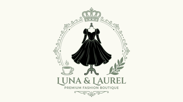 A fashionable woman in a black dress with a crown logo reads boutique advertisement