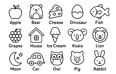 Obraz premium Cute Alphabet Animals and Objects Line Icon Set for Kids. Vector Outline Icons for Early Childhood Education, ABC Learning, Flashcards, and Nursery School Activities
