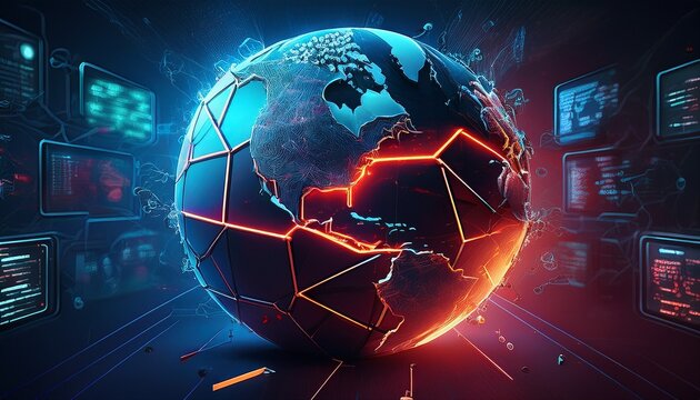 global data breach concept with cracked earth and cybersecurity warning displays