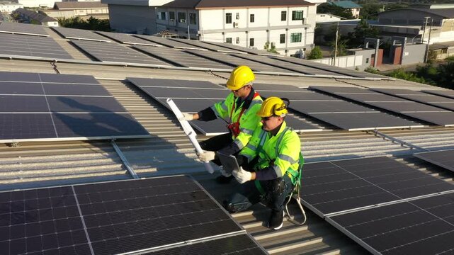 Rooftop solar panel technicians meticulously inspect large array with blueprints and yellow safety vests while working on sunny rooftop installation, emphasizing renewable energy maintenance.
