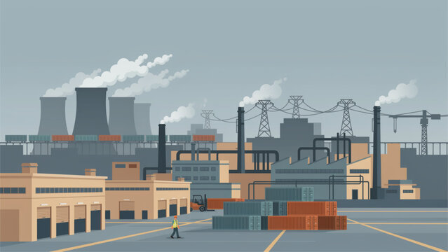 Industrial port with cranes loading cargo ships near factory buildings and smokestacks Vector