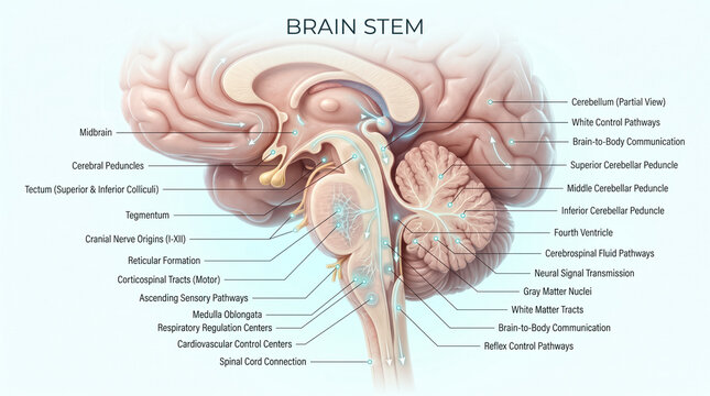 Detailed illustration of the brain stem with labeled structures and pathways for educational purposes in anatomy and neuroscience
