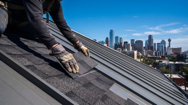 A roofing worker in gloves adjusts an asphalt shingle piece along a standing seam metal roof ridge, with a downtown city skyline stretching across the horizon.