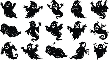 Fototapeta premium Halloween ghost characters in various poses and emotions on white background