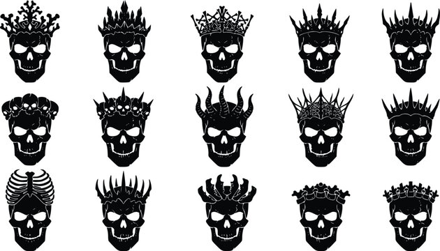 Collection of black skulls with various crowns and horns on white background